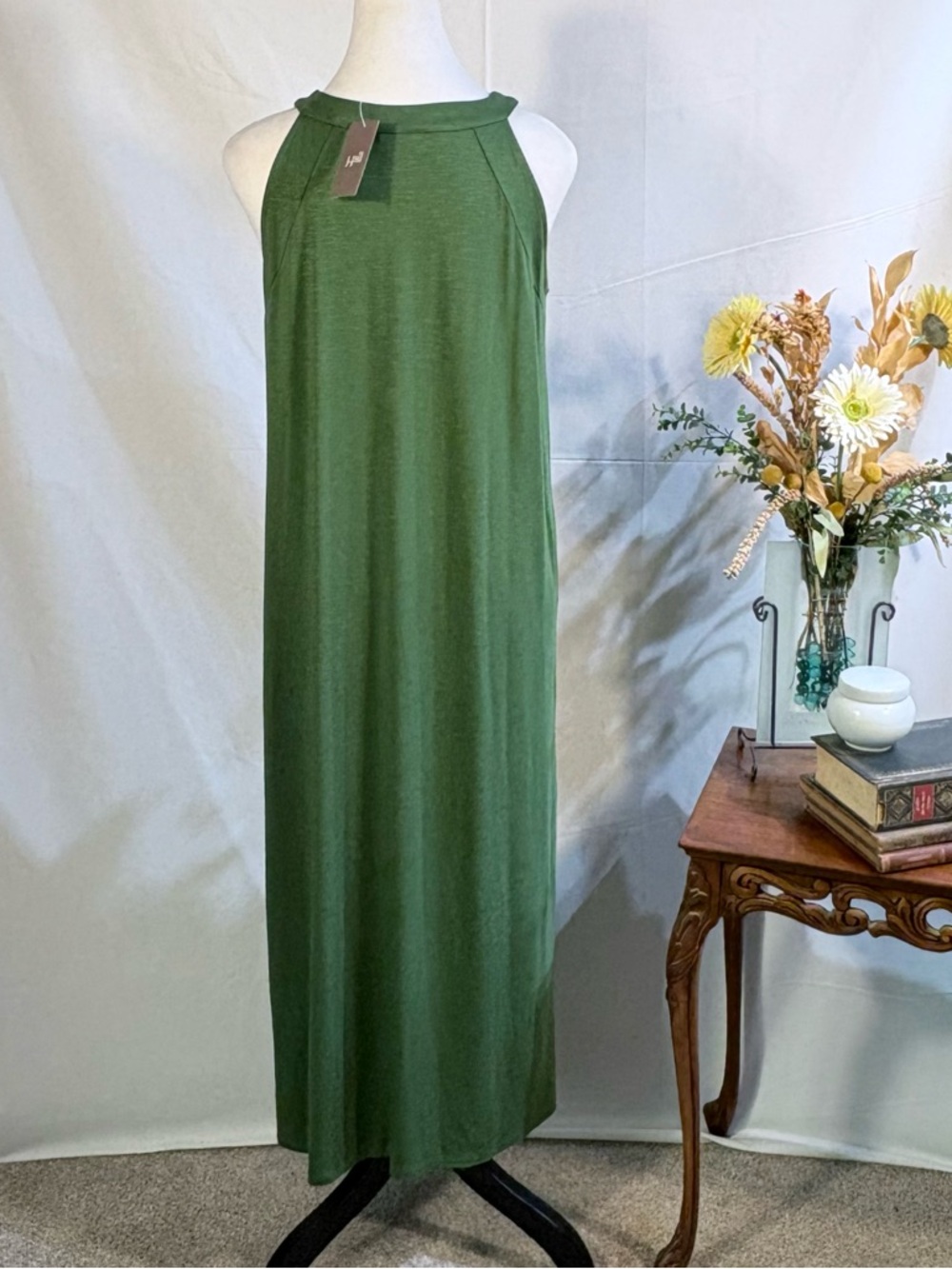 NWT J. Jill Palm Green Sleeveless Maxi Dress Pockets Sz Small Petite💛 - Picture 3 of 11
